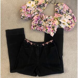 NWT Denim & Co. Black High-Rise Jeans w/ Elastic Back & Floral Ribbon - Large